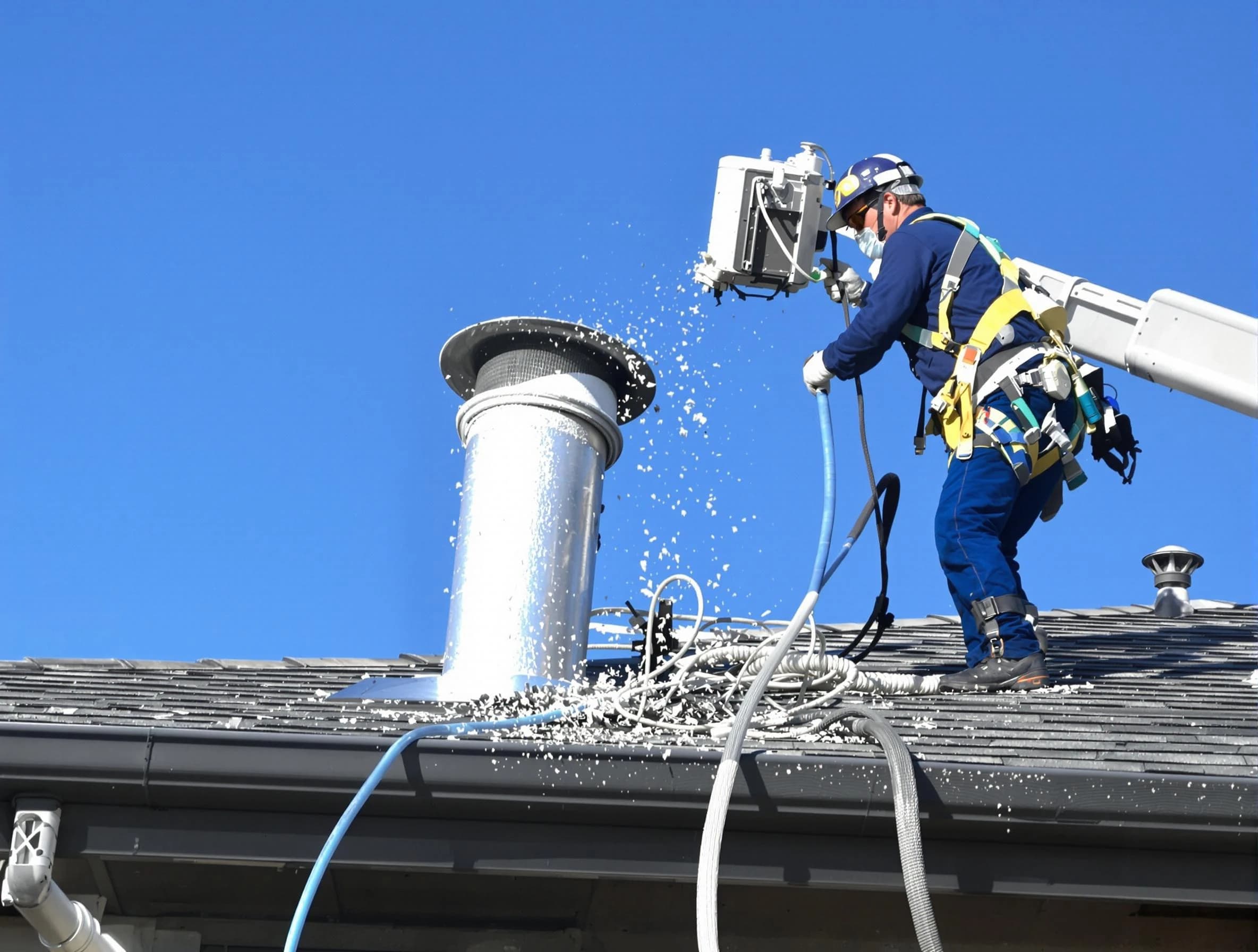 Broomfield Dryer Vent Cleaning certified technician safely cleaning a roof-mounted dryer vent in Broomfield
