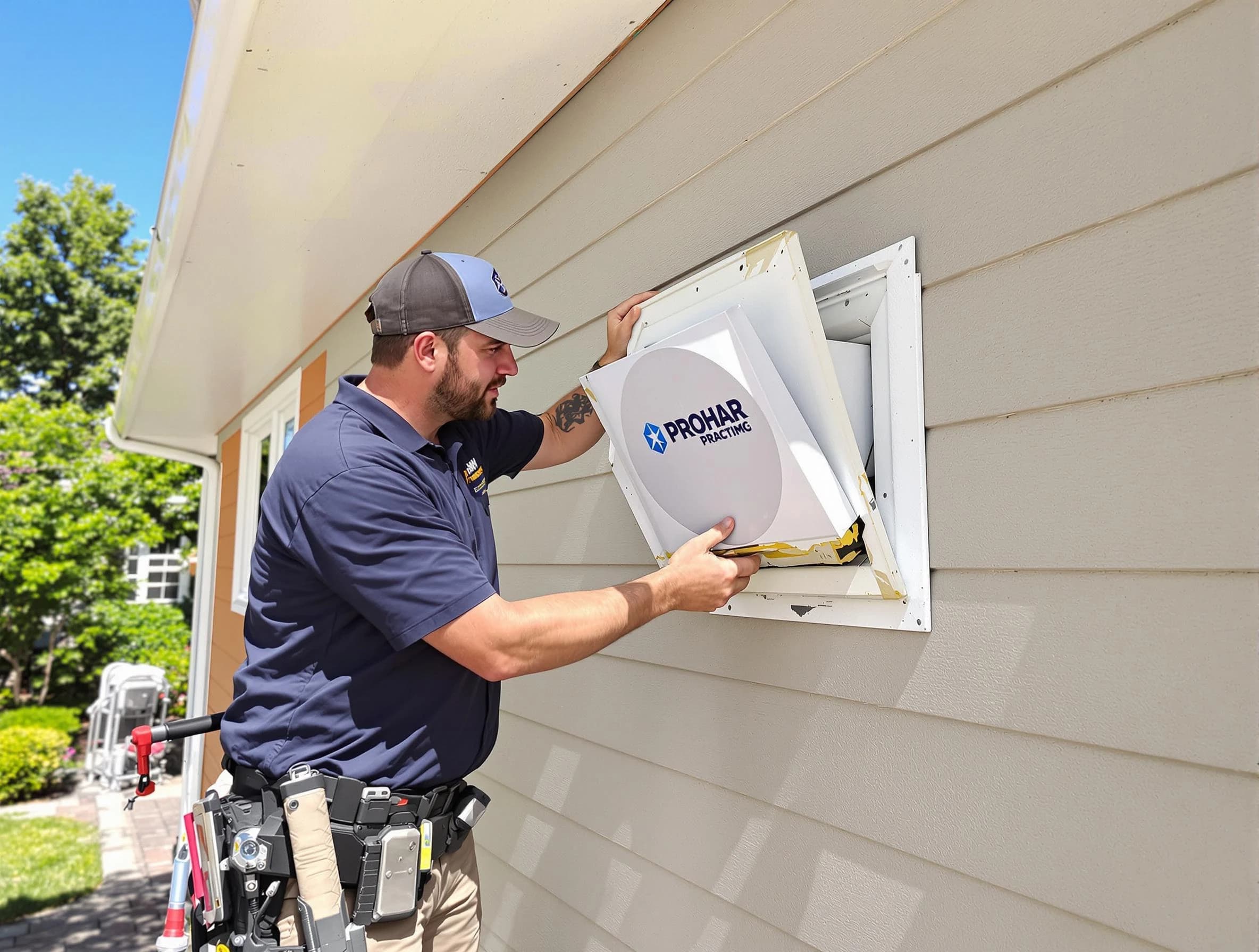 Broomfield Dryer Vent Cleaning technician installing a new protective dryer vent cover on a home in Broomfield
