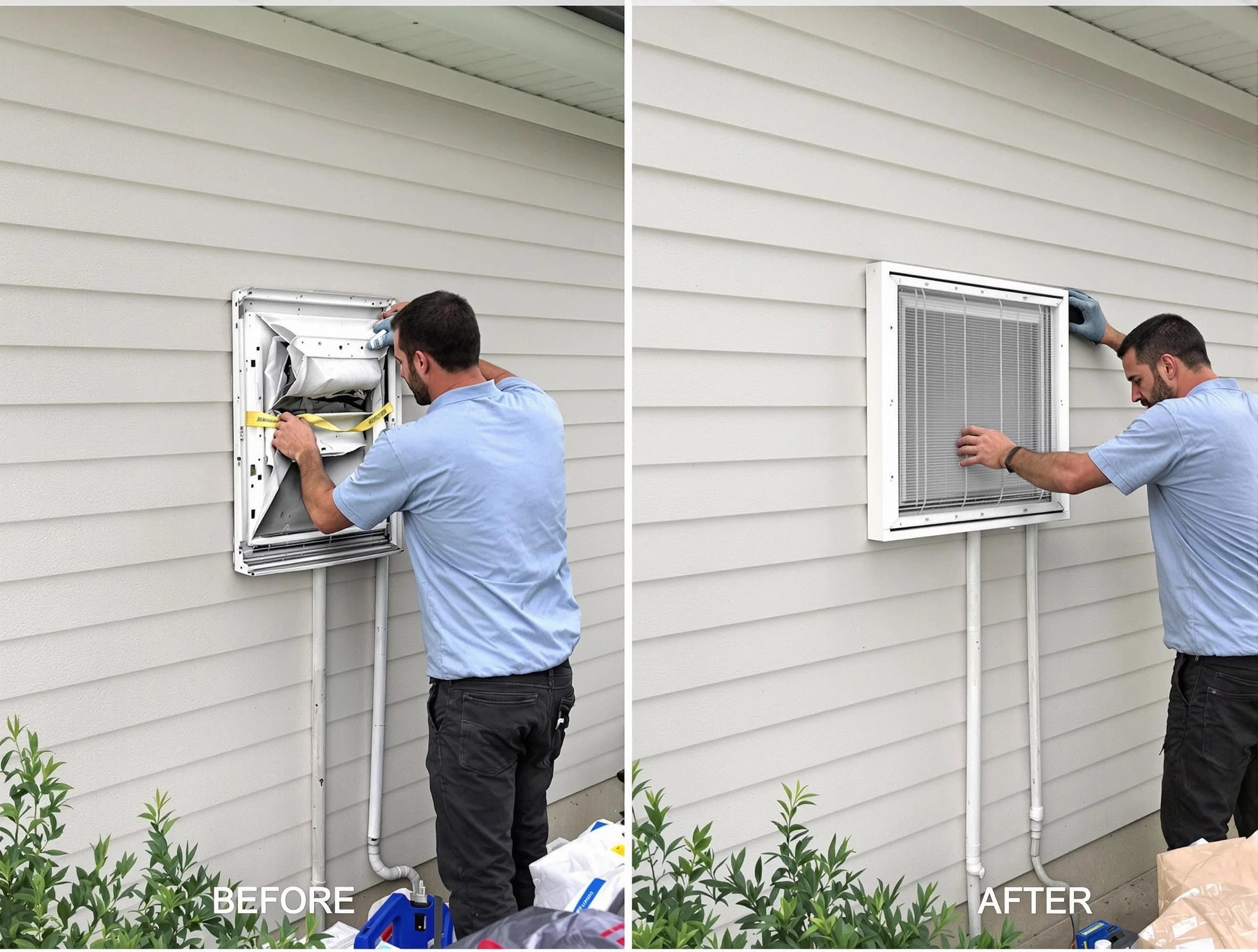 Broomfield Dryer Vent Cleaning technician installing high-quality dryer vent cover at a residential property in Broomfield