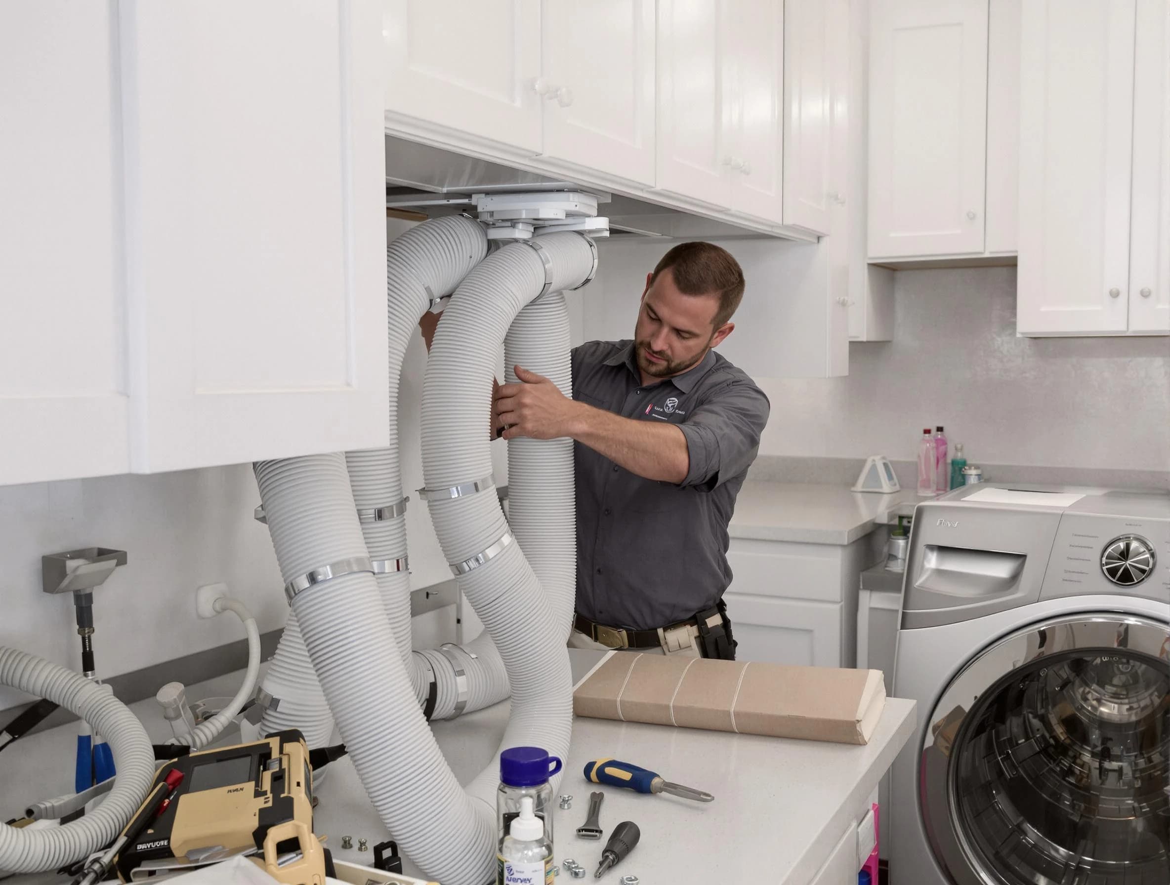 Broomfield Dryer Vent Cleaning technician installing a new professional-grade dryer vent hose in Broomfield